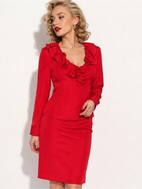Neiman Marcus Exclusive Vintage Red 100% Silk Ruffle Skirt Suit Set Size 12
